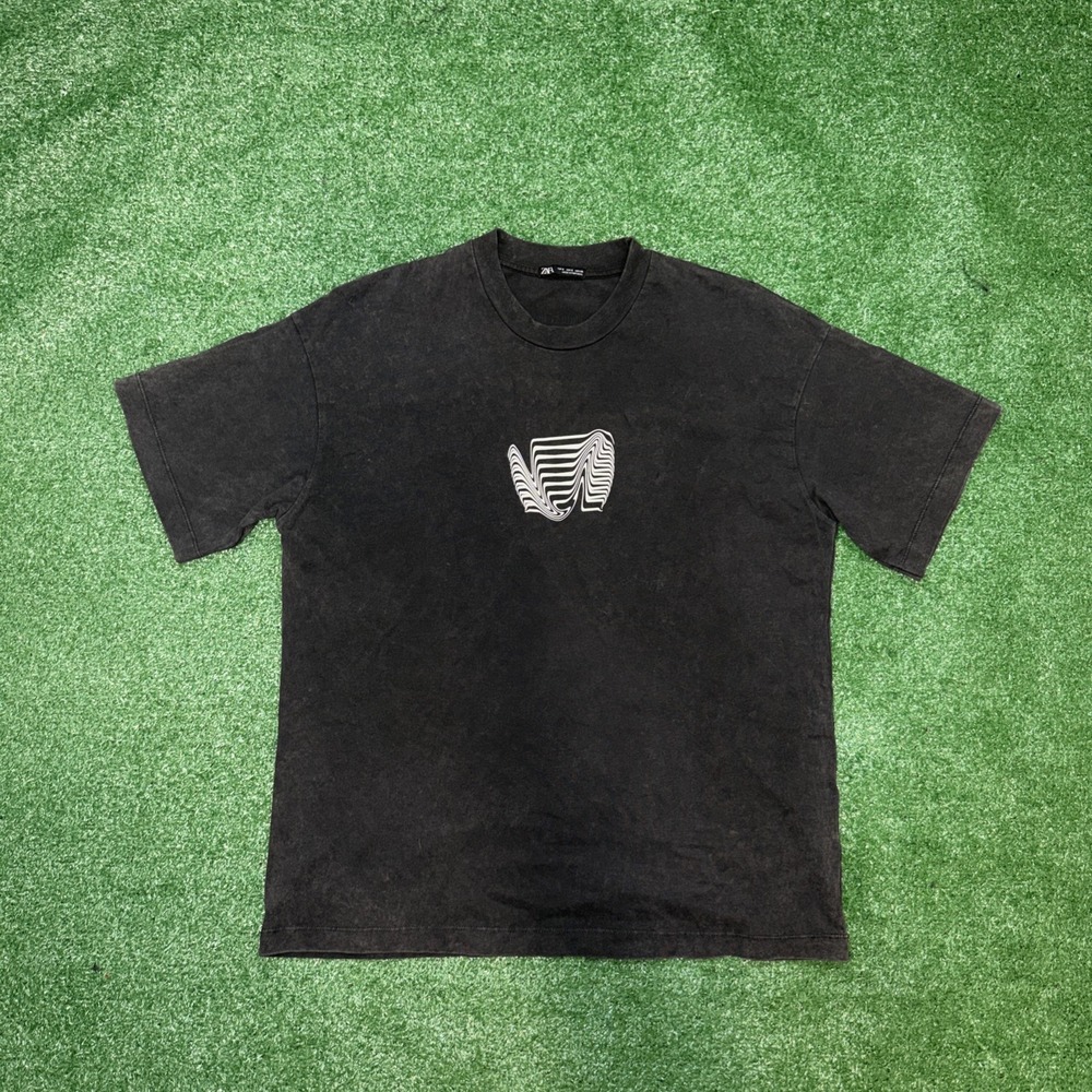 ZARA Mens Small Washed Black‎ Graphic T Shirt
